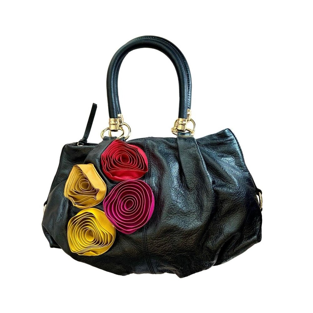 Antonio Melani Black Leather Shoulder Purse Rosebud Accents Gold Metal - Picture 3 of 11